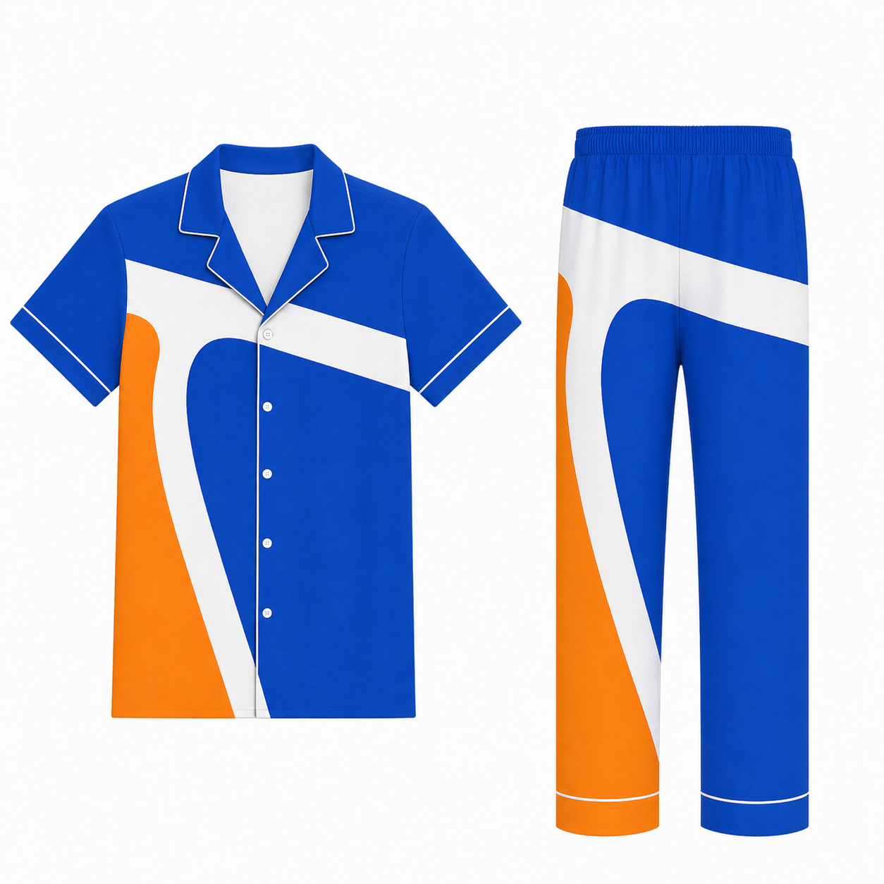 All-Over Print Satin Short-Sleeve Pajama Set with Long Pants