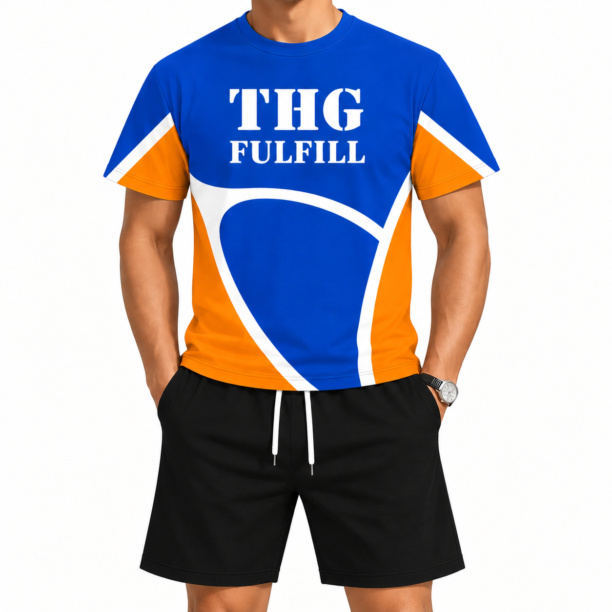 Full-width printed round-neck American short-sleeve shirt