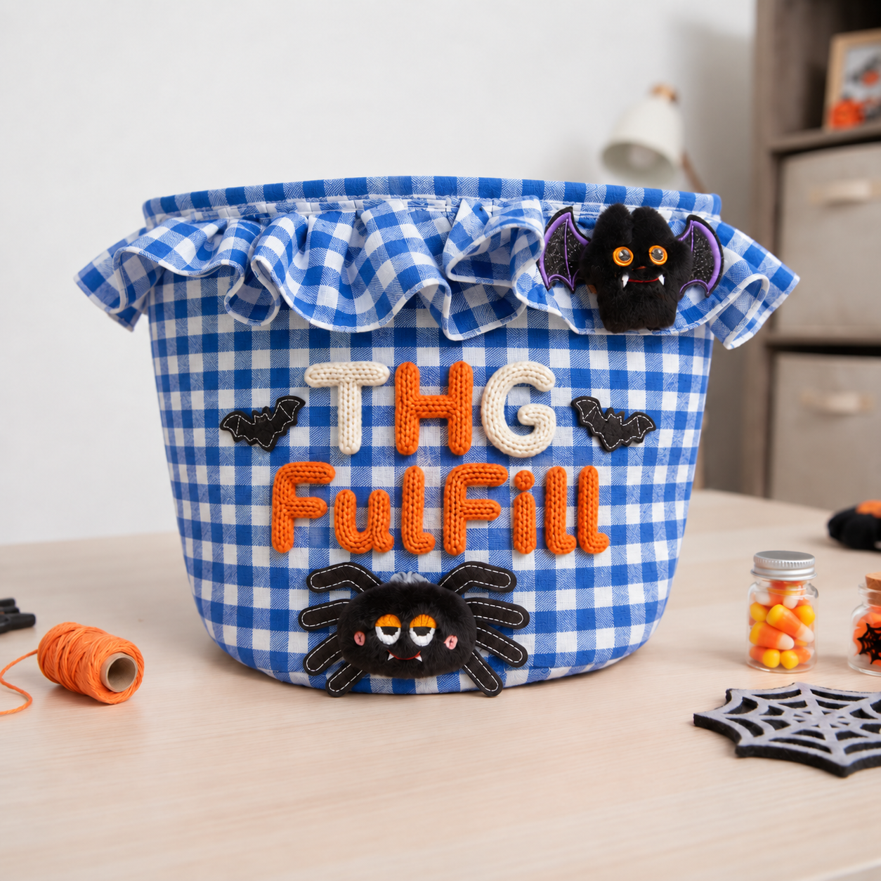 Halloween Orange Gingham Storage Basket